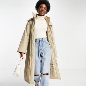 ASOS DESIGN rubber padded hooded rain coat in putty